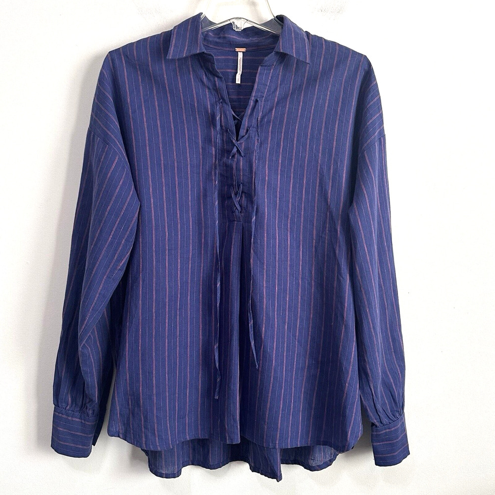 Free People Under the Boardwalk Tunic Top S Blue Lace Up Neckline Popover Stripe